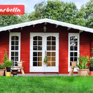 Drevený zahradný domček MARBELLA o výmere 500x380 cm s dvojkrídlovými dverami a francuskými oknami umiestný na záhrade