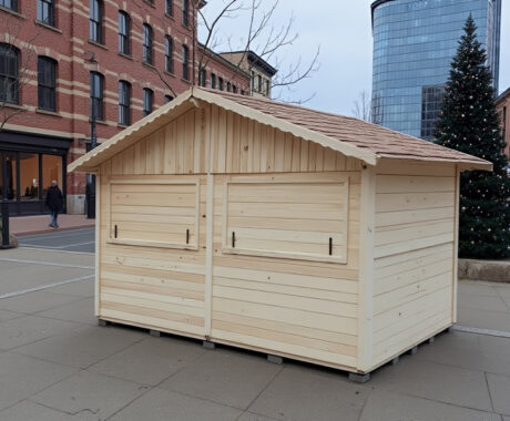 Drevený predajný stánok s výklopnými oknami