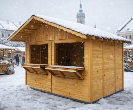 Drevený predajný stánok s výklopnými pultami