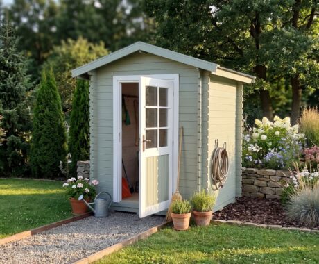 Záhradný domček FORI – vizualizácia: farebný variant – šalviová s bielymi rámami