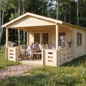 Záhradný domček MONTANA – vizualizácia: starí rodičia s vnúčatami
