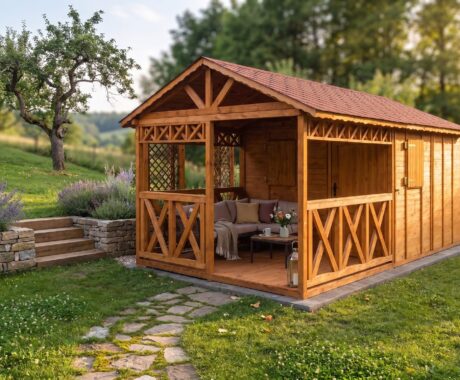 Záhradný domček POĽANA – vizualizácia: zlatá hodina v záhrade – pohľad 2