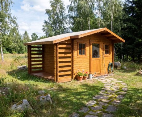 Záhradný domček PULA – vizualizácia: farebný variant – teakový odtieň
