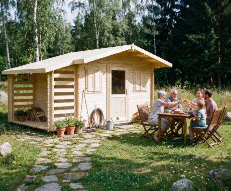 Záhradný domček PULA – vizualizácia: rodinná oslava pri domčeku