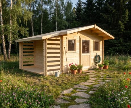 Záhradný domček PULA – vizualizácia: zlatá hodina v záhrade – pohľad 2